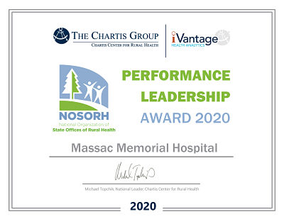Picture of a certificate for Performance Leadership. It has a logo on it of two stick figured people with their hands up in the air and they are standing next to a tree. Award says:
Performance Leadership
Award 2020
Massac Memorial Hospital
