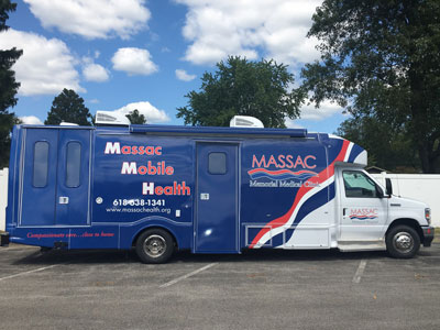 Picture of a large bus that is Massac Memorial Hospital&apos;s mobile health unit.
